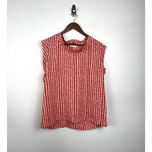 Cabi Madeline Blouse Top Womens Size L Red Orange White Dot Drape Ruffle Silky - Picture 1 of 7